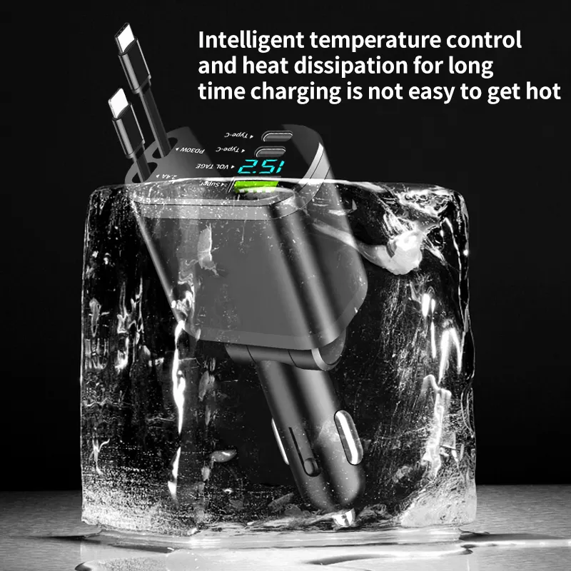 Chargeur de voiture Rétractable 5 en 1 avec deux câble Ultra rapide adaptateur USB réglable à 180°