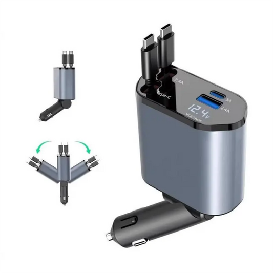 Chargeur de voiture Rétractable 4 en 1 avec deux câble Ultra rapide adaptateur USB réglable à 180°