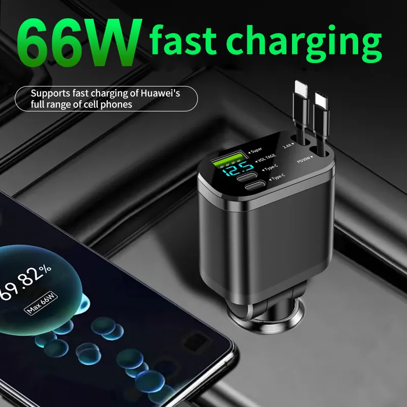 Chargeur de voiture Rétractable 5 en 1 avec deux câble Ultra rapide adaptateur USB réglable à 180°