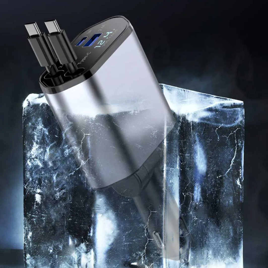 Chargeur de voiture Rétractable 4 en 1 avec deux câble Ultra rapide adaptateur USB réglable à 180°