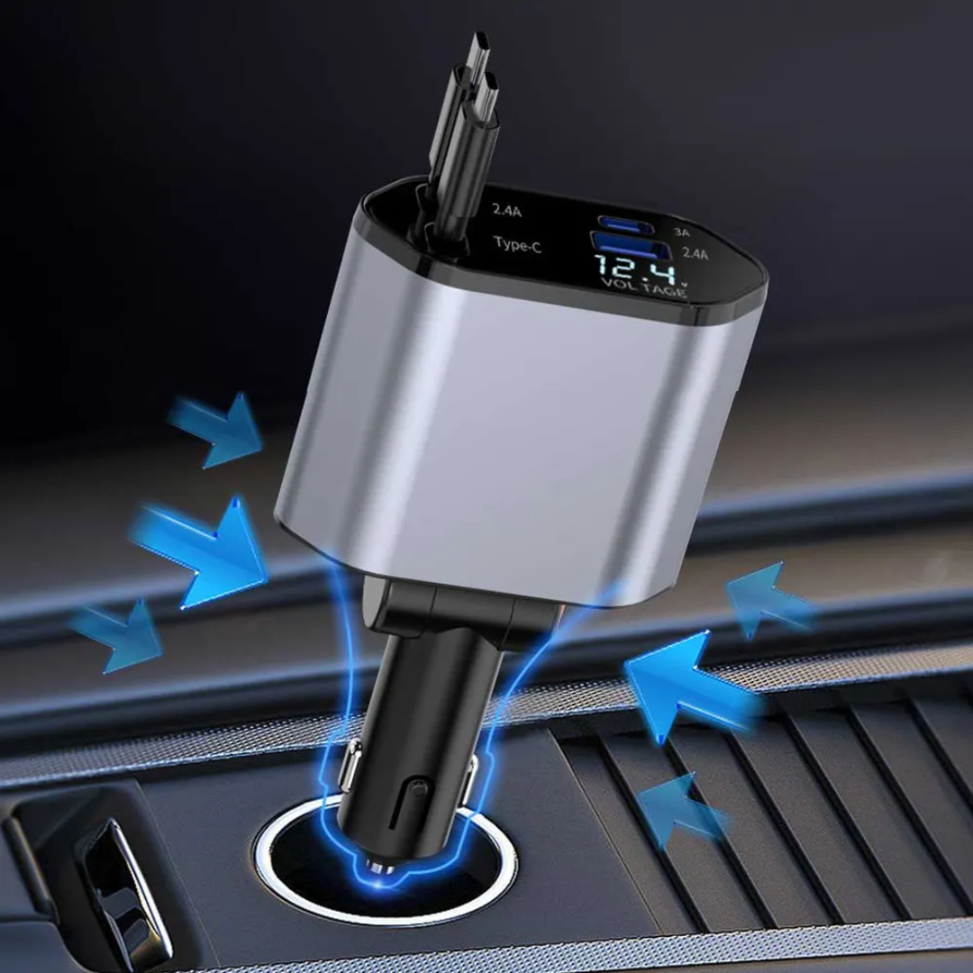 Chargeur de voiture Rétractable 4 en 1 avec deux câble Ultra rapide adaptateur USB réglable à 180°